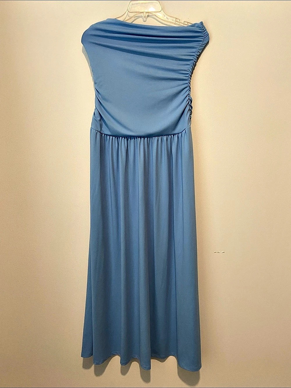 Express Strapless Ruched Drop Waist Maxi Dress Blue Medium